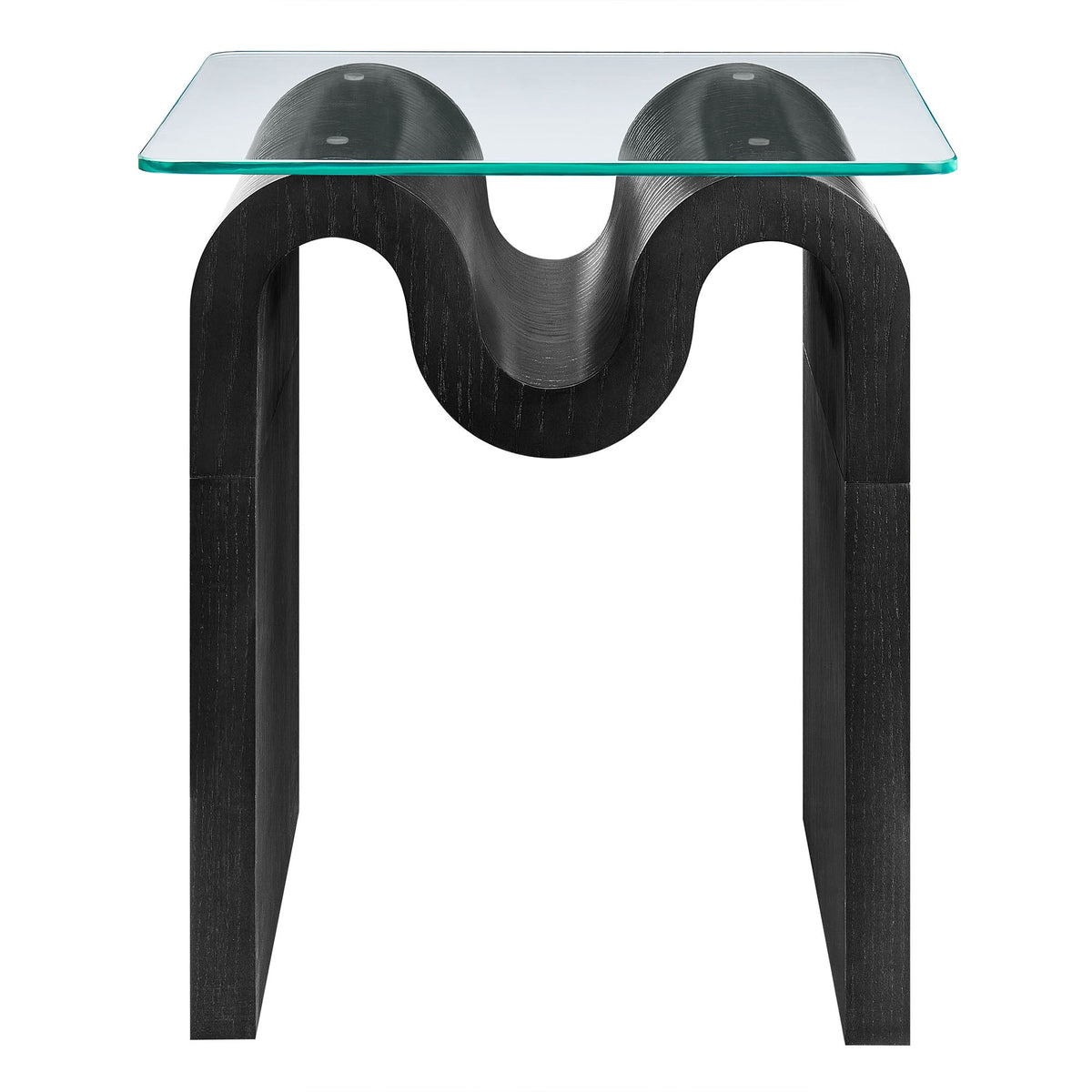 Ondine Glass Top Side Table with a clear glass top and black sculptural curved base on Tampa Home & Garden Store