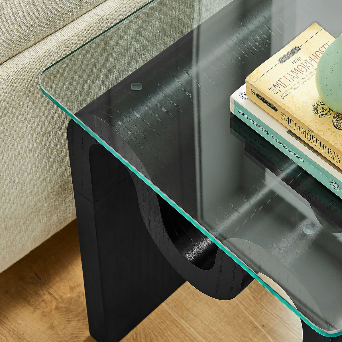 Ondine Glass Top Side Table by Modway, clear glass top with black curved base on Tampa Home & Garden Store