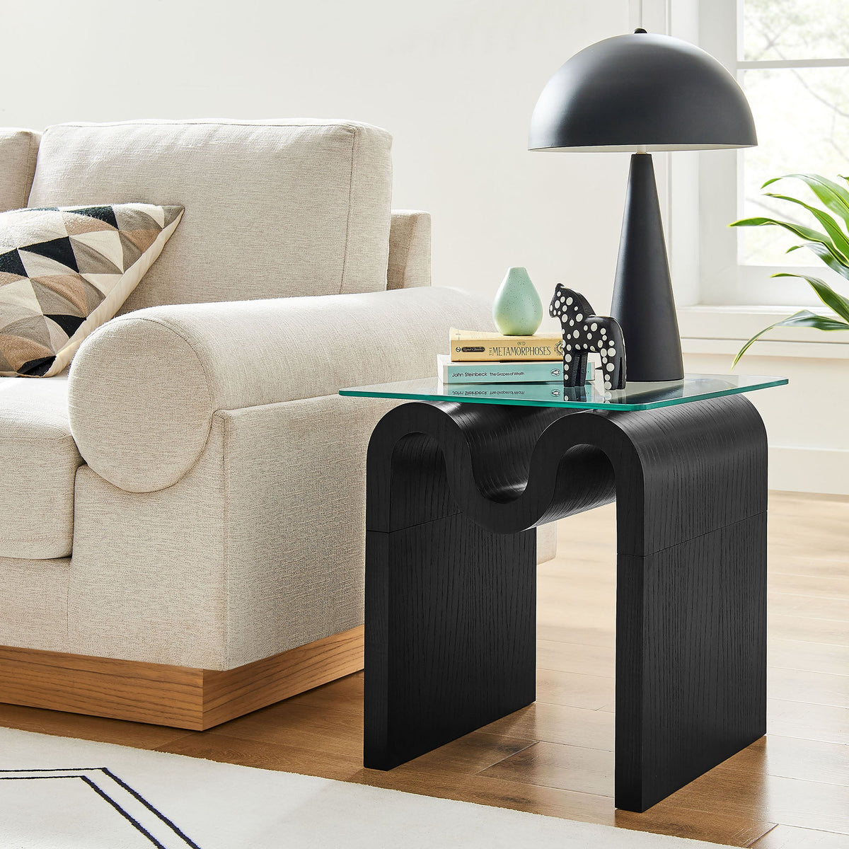 Ondine Glass Top Side Table by Modway, black sculptural wood base with clear glass top on Tampa Home & Garden Store