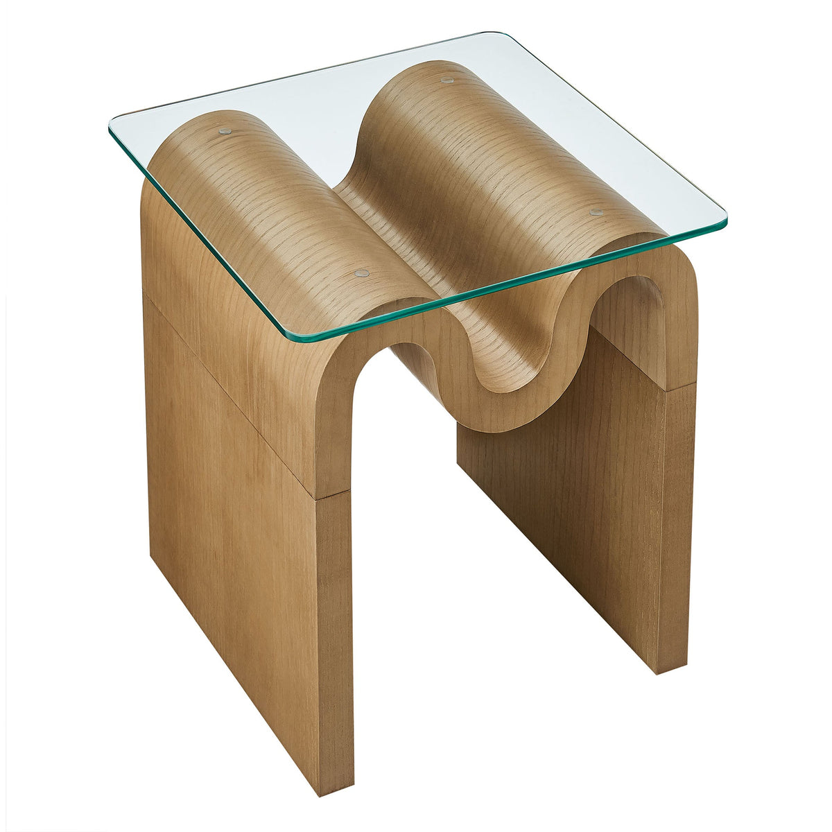 Ondine glass top side table by Modway with a warm curved wooden base on Tampa Home & Garden Store