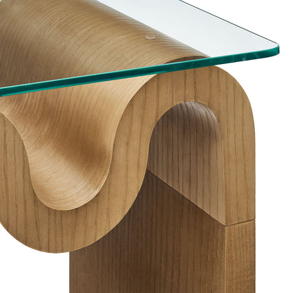 Ondine glass top side table by Modway with teal edge on natural wood curved base on Tampa Home & Garden Store