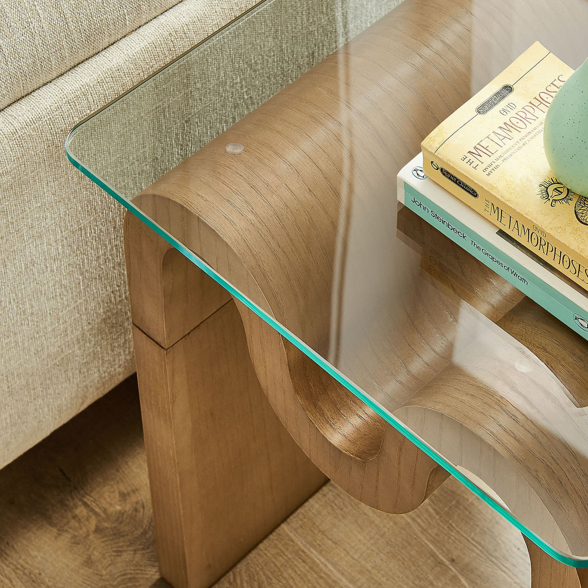 Ondine Glass Top Side Table by Modway, round glass top with warm wood base on Tampa Home & Garden Store