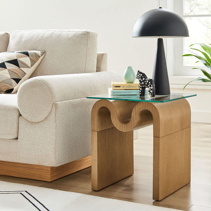 Ondine Glass Top Side Table with a walnut sculptural base featuring circular cutouts by Modway on Tampa Home & Garden Store