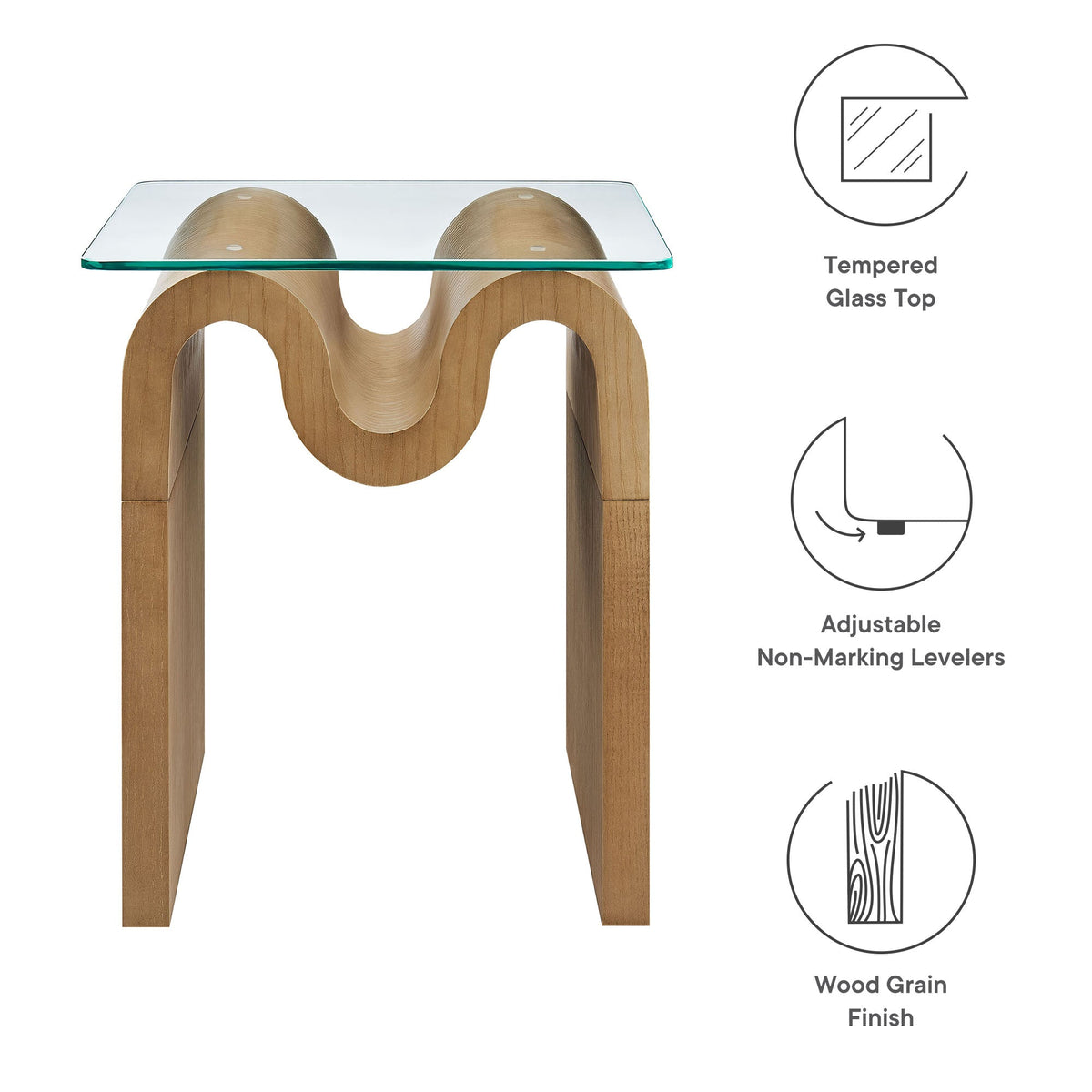 Ondine glass top side table with a sculptural wood grain curved base and tempered glass top on Tampa Home & Garden Store