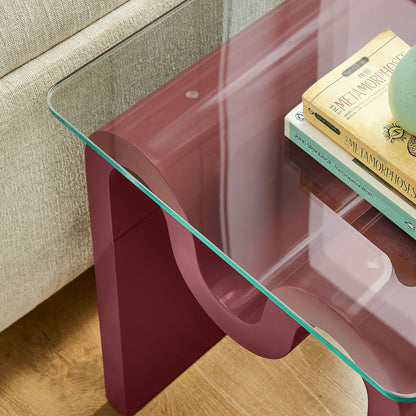 Ondine Glass Top Side Table burgundy curved metal base with clear glass top on Tampa Home & Garden Store