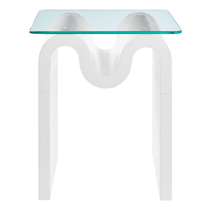 Ondine glass top side table by Modway with teal-tinted top and white sculptural pedestal on Tampa Home & Garden Store