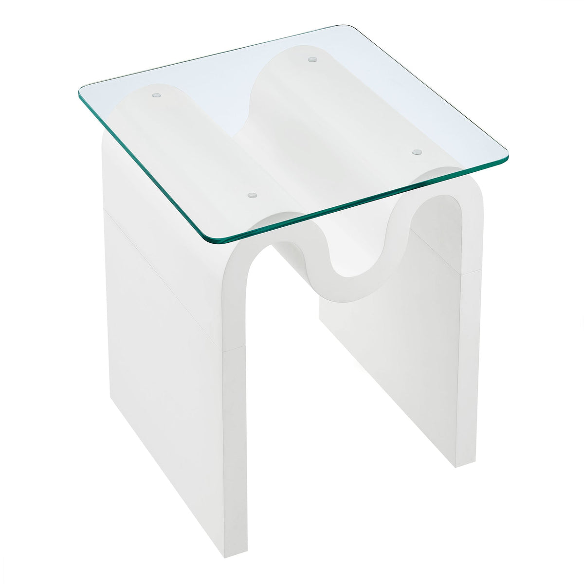 Ondine glass top side table with white sculptural base and circular cutouts on Tampa Home & Garden Store
