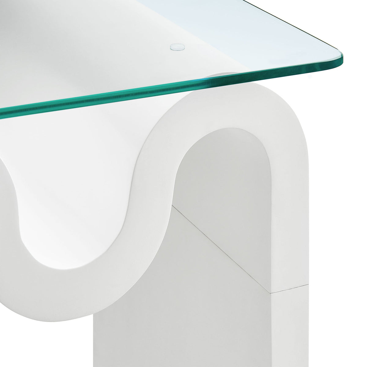 Ondine glass top side table by Modway, teal-edged glass top on white curved base on Tampa Home & Garden Store