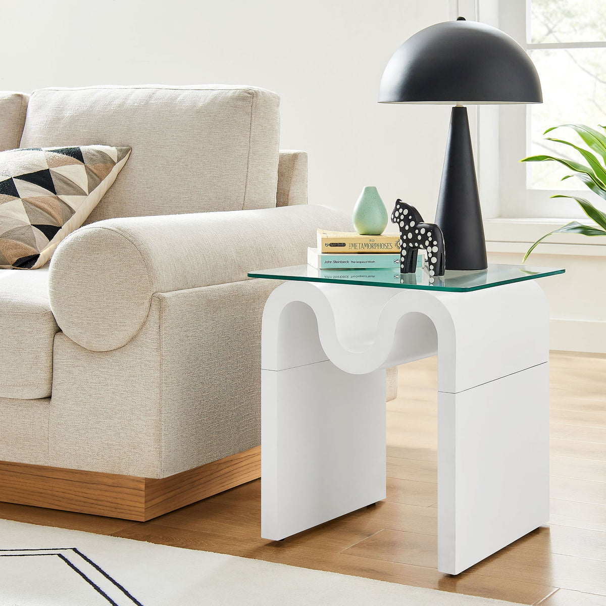 Ondine glass top side table by Modway with white sculptural base on Tampa Home & Garden Store