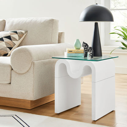 Ondine glass top side table by Modway with white sculptural base on Tampa Home & Garden Store