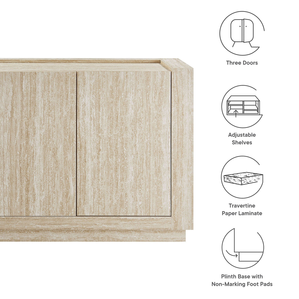 Hollis 59-inch Travertine Sideboard beige stone laminate three-door buffet on Tampa Home & Garden Store