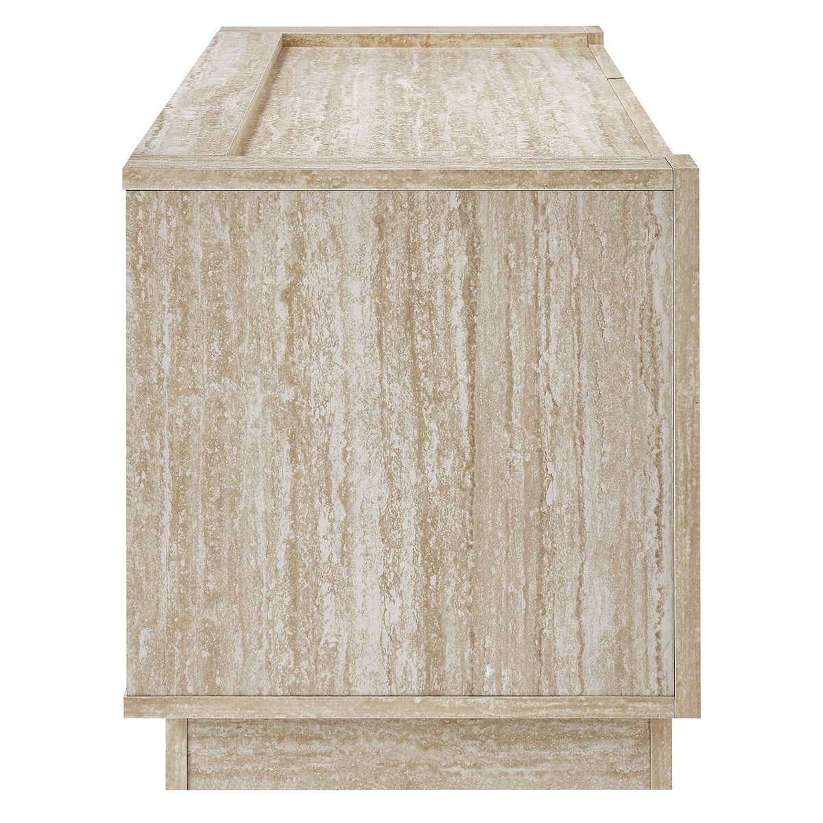 Hollis 59in travertine TV stand with beige stone finish and clean framed top on Tampa Home & Garden Store