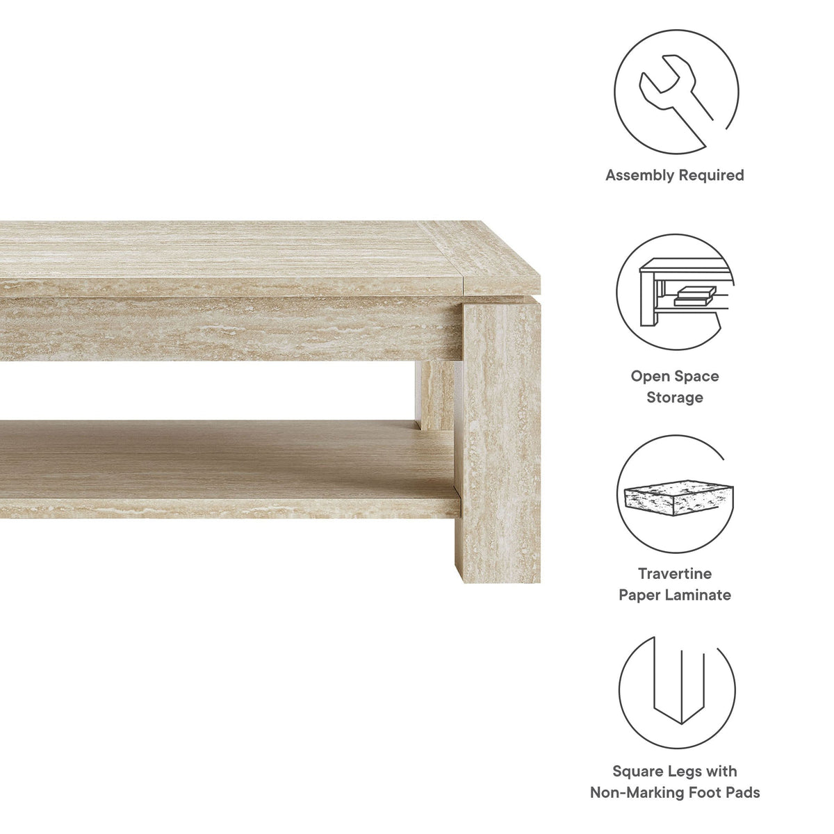 Hollis Travertine Coffee Table by Modway in beige travertine finish with open lower shelf on Tampa Home & Garden Store