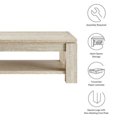 Hollis Travertine Coffee Table by Modway in beige travertine finish with open lower shelf on Tampa Home & Garden Store