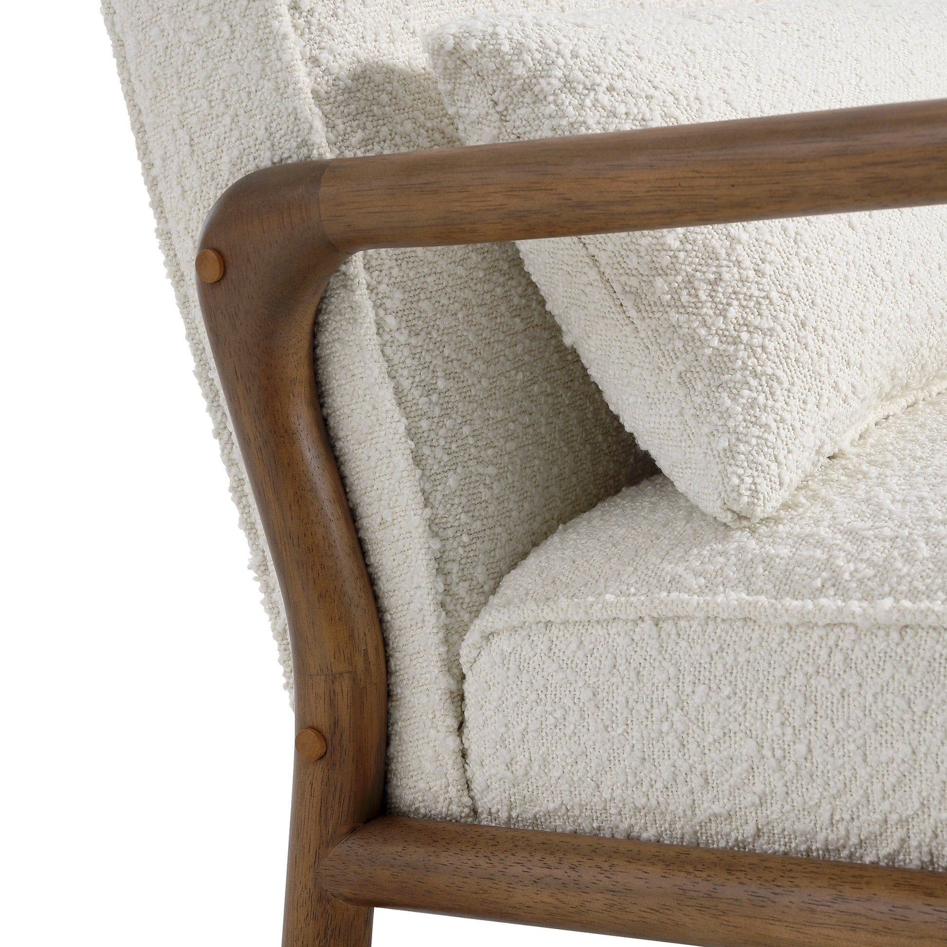 Charlie Boucle Upholstered Armchair by Modway, cream boucle fabric on a warm wooden frame on Tampa Home & Garden Store