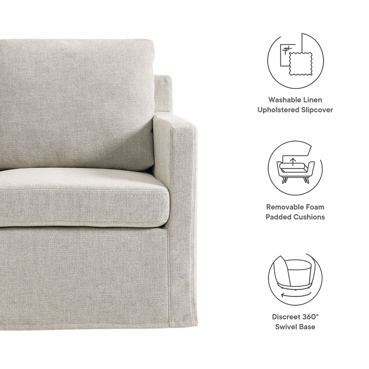 Serene Fabric Slipcovered Swivel Armchair by Modway, beige upholstery accent chair on Tampa Home & Garden Store