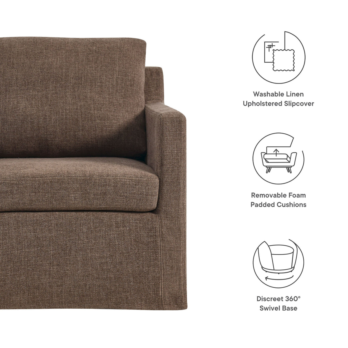 Serene fabric slipcovered swivel armchair in brown textured linen upholstery on Tampa Home & Garden Store