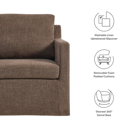 Serene fabric slipcovered swivel armchair in brown textured linen upholstery on Tampa Home & Garden Store