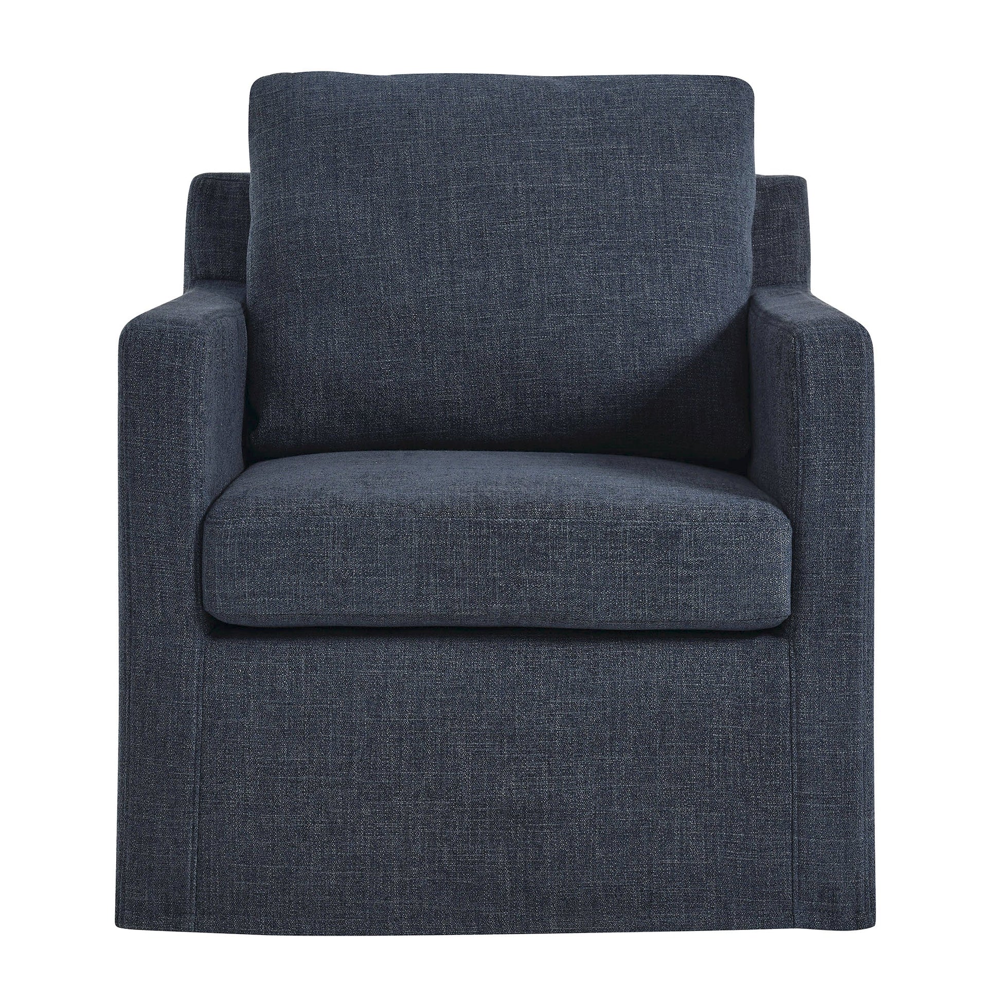 Serene Fabric Slipcovered Swivel Armchair navy blue upholstery, cushioned back and seat on Tampa Home & Garden Store