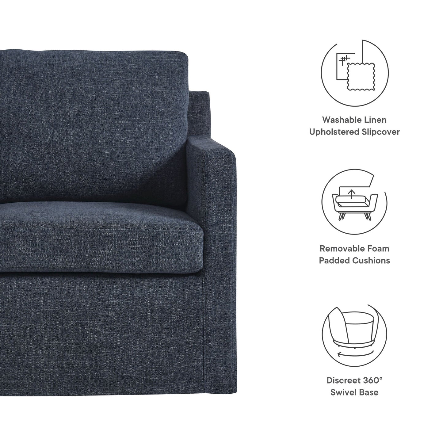 Serene fabric slipcovered swivel armchair navy blue by HouseOfZazla, accent chair on Tampa Home & Garden Store