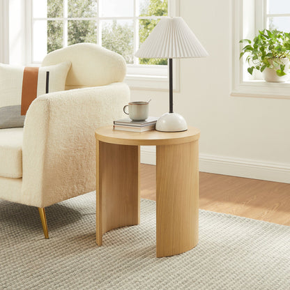 Pair of Aspect Round Wood End Tables in natural finish with a white pleated lamp on Tampa Home & Garden Store