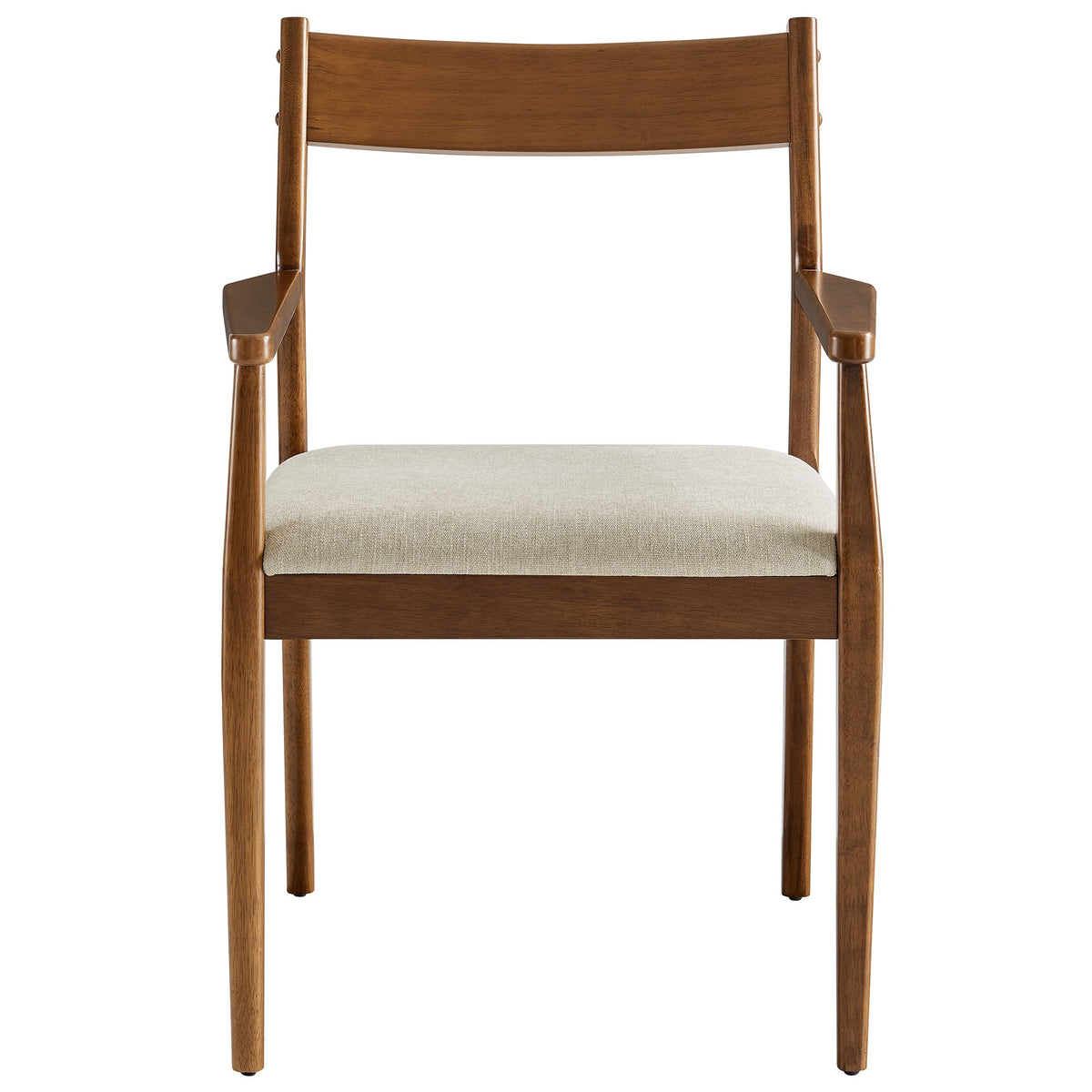 Solara Fabric Wood Dining Armchair with beige upholstered seat and warm wood frame on Tampa Home & Garden Store
