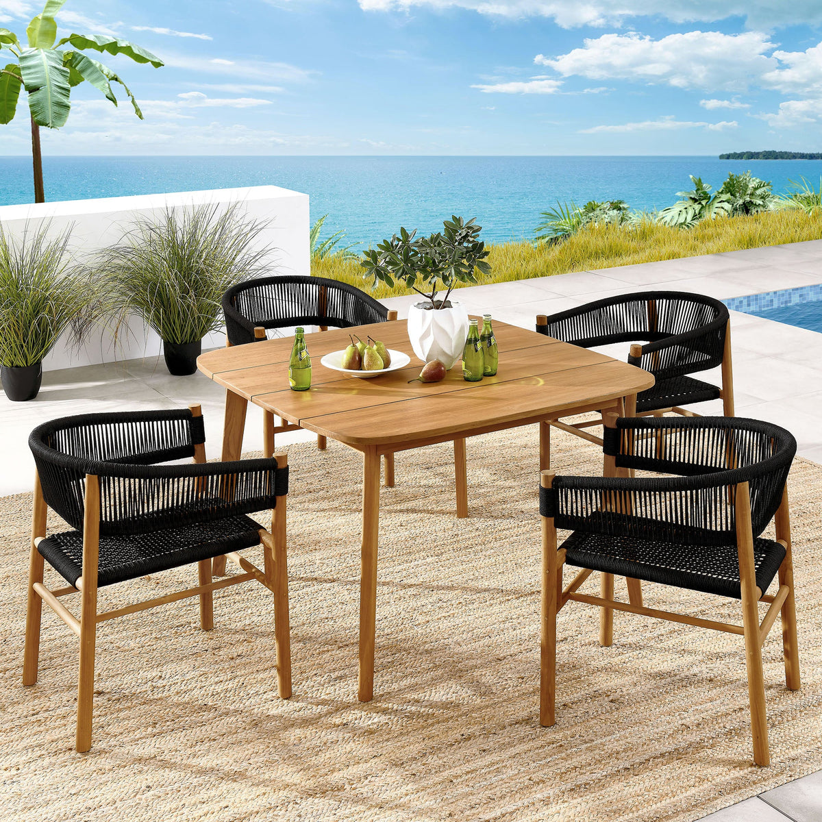 Vienna 5-Piece Outdoor Teak Dining Set by Modway with curved-back rope chairs on Tampa Home & Garden Store