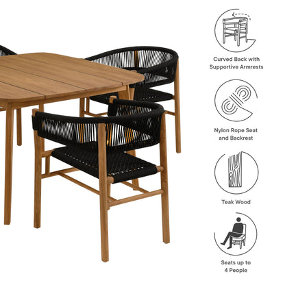 Vienna 5-Piece Outdoor Teak and Rope Dining Set with curved-back armchairs and nylon rope seat on Tampa Home & Garden Store