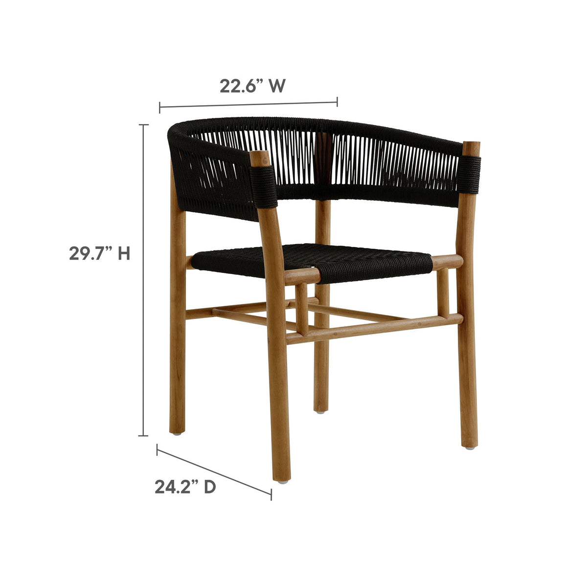 Vienna outdoor teak rope dining chair with curved-back arms in black rope and natural wood legs on Tampa Home & Garden Store