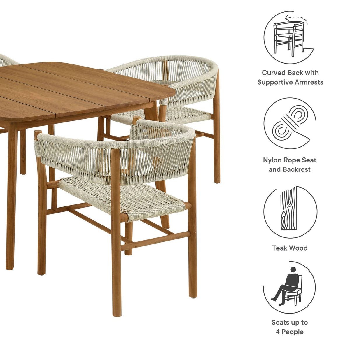 Vienna 5-Piece Outdoor Teak Dining Set with Curved-Back Rope Armchairs; nylon rope seating on Tampa Home & Garden Store