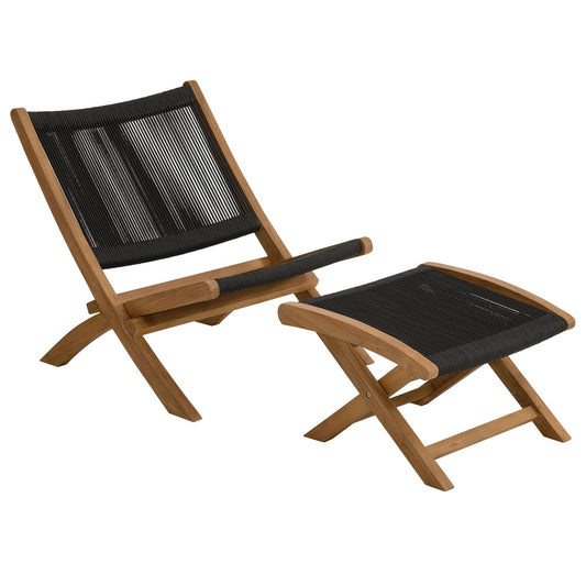 Vienna teak and rope outdoor folding lounge chair with ottoman, black woven seat on Tampa Home & Garden Store