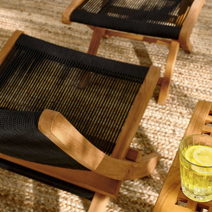 Vienna teak and rope folding outdoor lounge chair and ottoman with black rope weave on Tampa Home & Garden Store