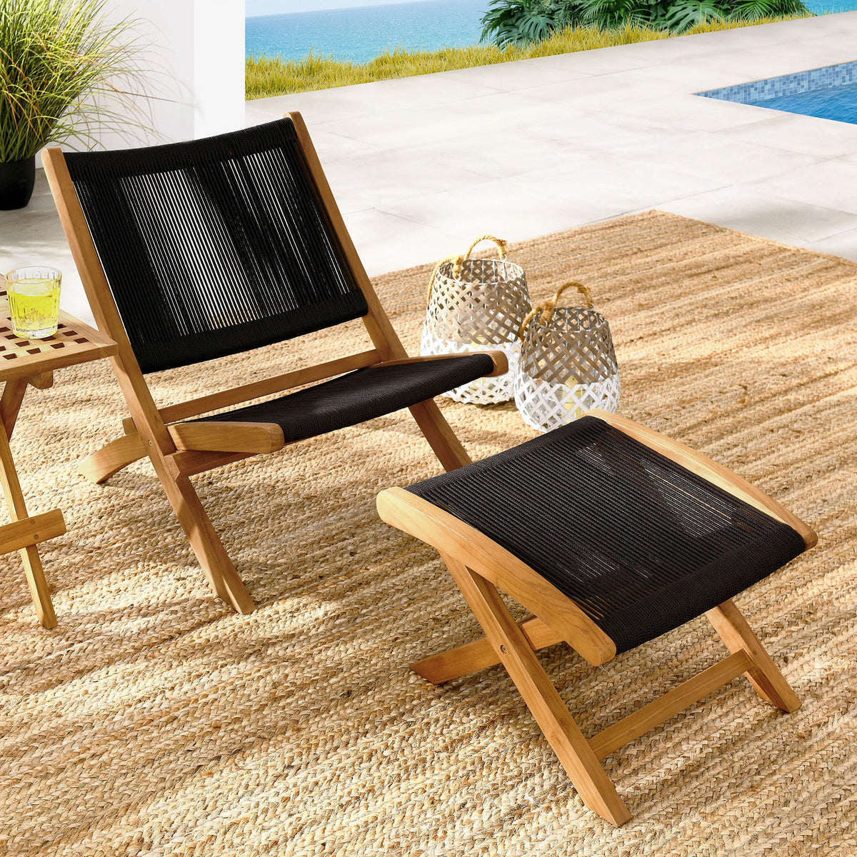 Vienna 2-Piece outdoor teak rope folding lounge chair and ottoman set with black woven rope on Tampa Home & Garden Store