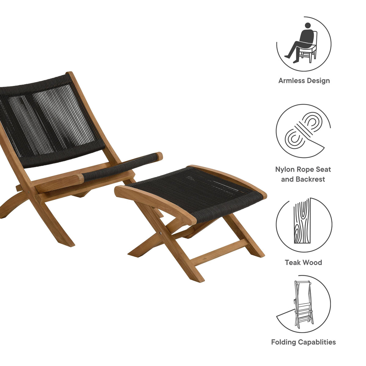 Vienna 2-Piece Teak Rope Folding Lounge Chair and Ottoman set by Modway with black rope seats on Tampa Home & Garden Store