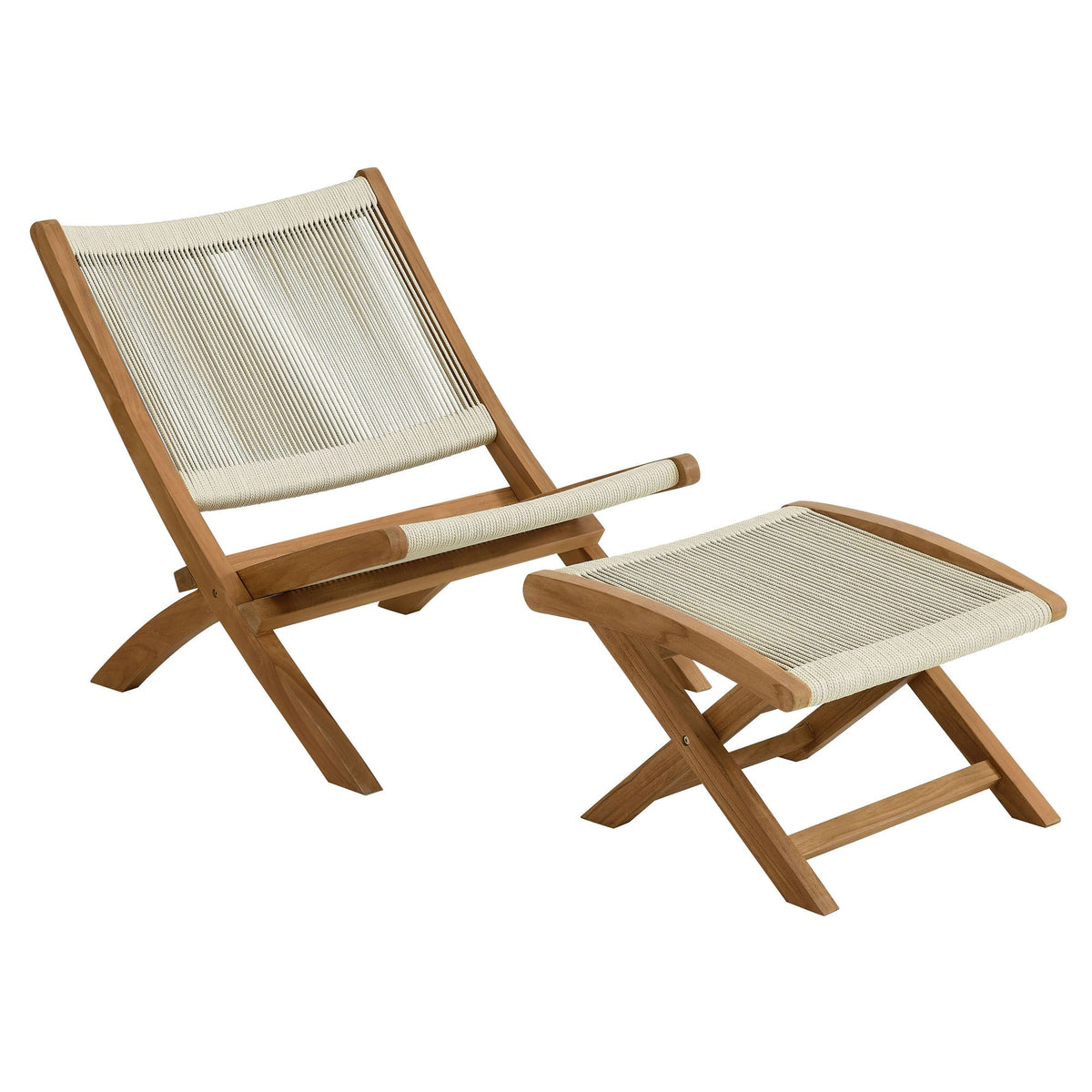 Vienna 2-Piece outdoor teak & rope folding lounge chair and ottoman set beige rope weave Modway on Tampa Home & Garden Store