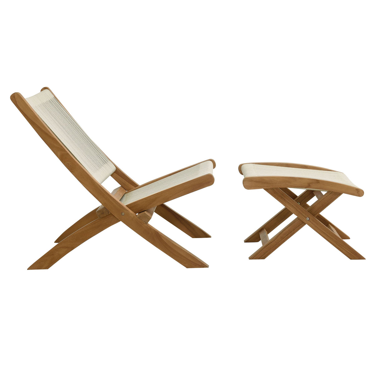 Vienna 2-piece teak and rope folding outdoor lounge chair and ottoman set natural wood on Tampa Home & Garden Store