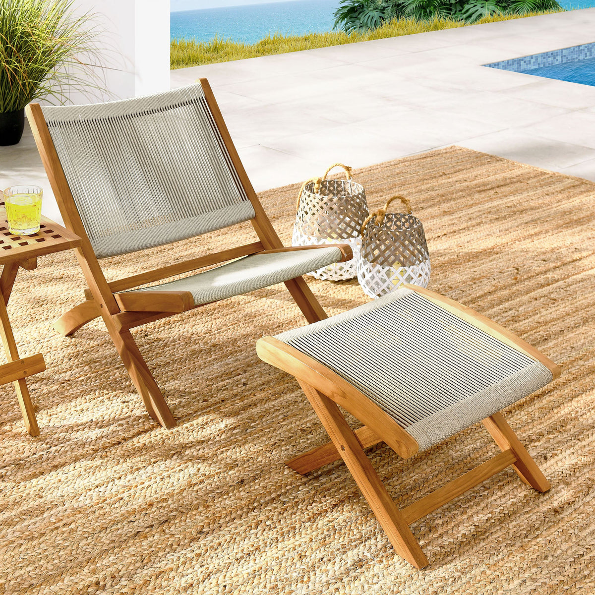 Vienna 2-Piece teak and rope folding outdoor lounge chair and ottoman set by Modway on Tampa Home & Garden Store