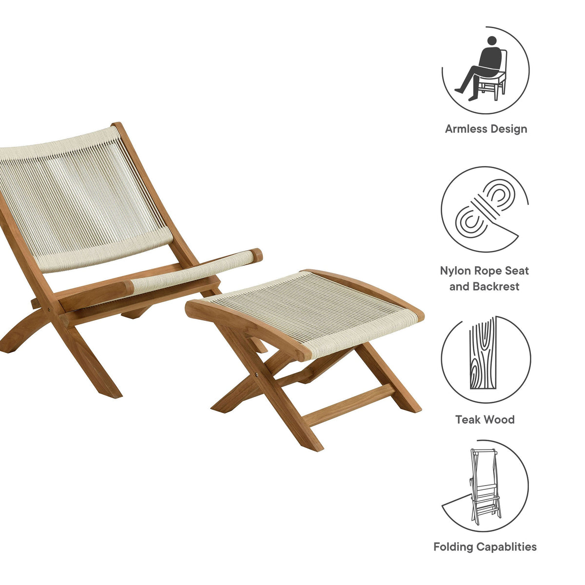 Vienna 2-Piece teak rope folding lounge chair and ottoman set by Modway, natural rope seating on Tampa Home & Garden Store