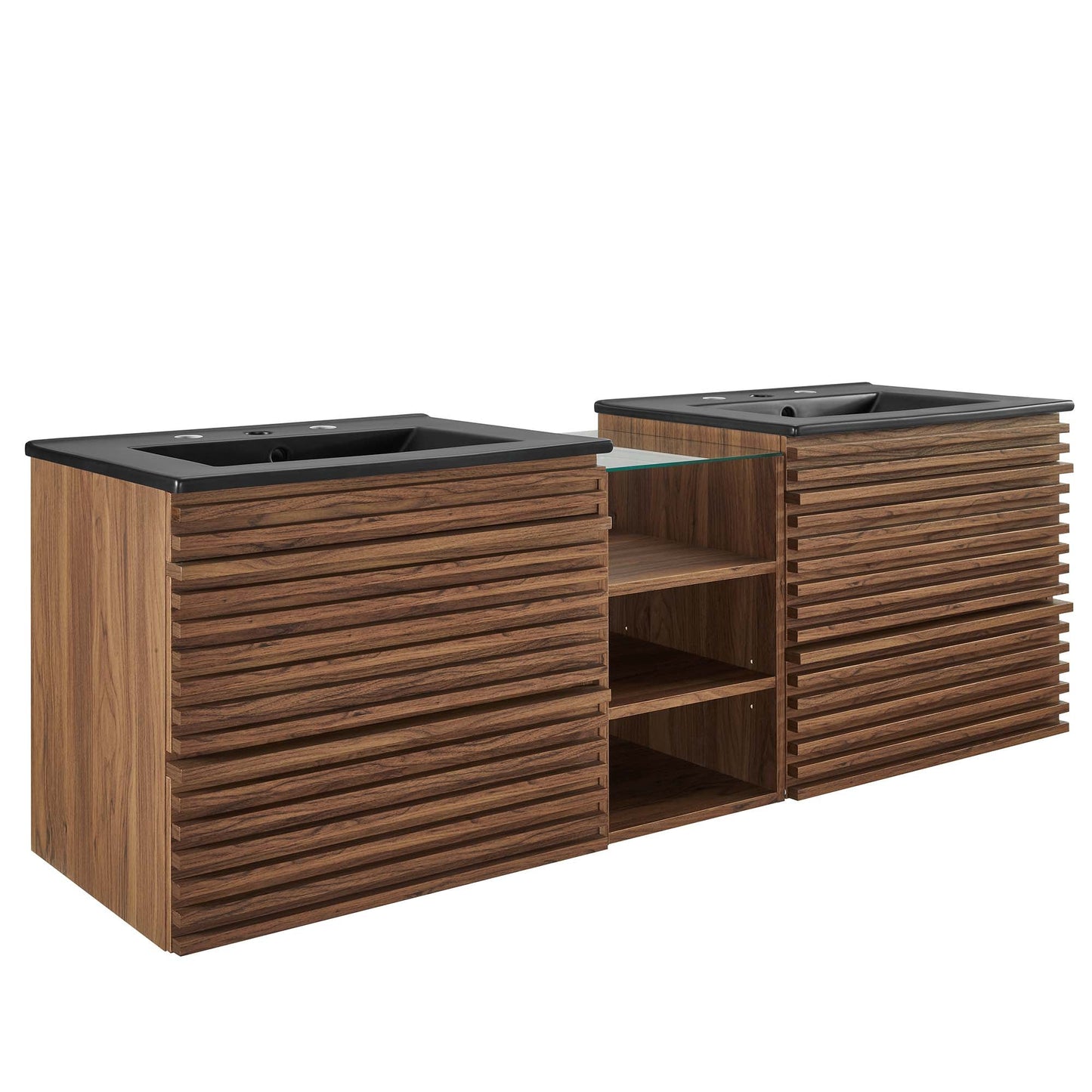 Render 62in wall-mount double sink vanity wood slat cabinet black countertop HouseOfZazla on Tampa Home & Garden Store