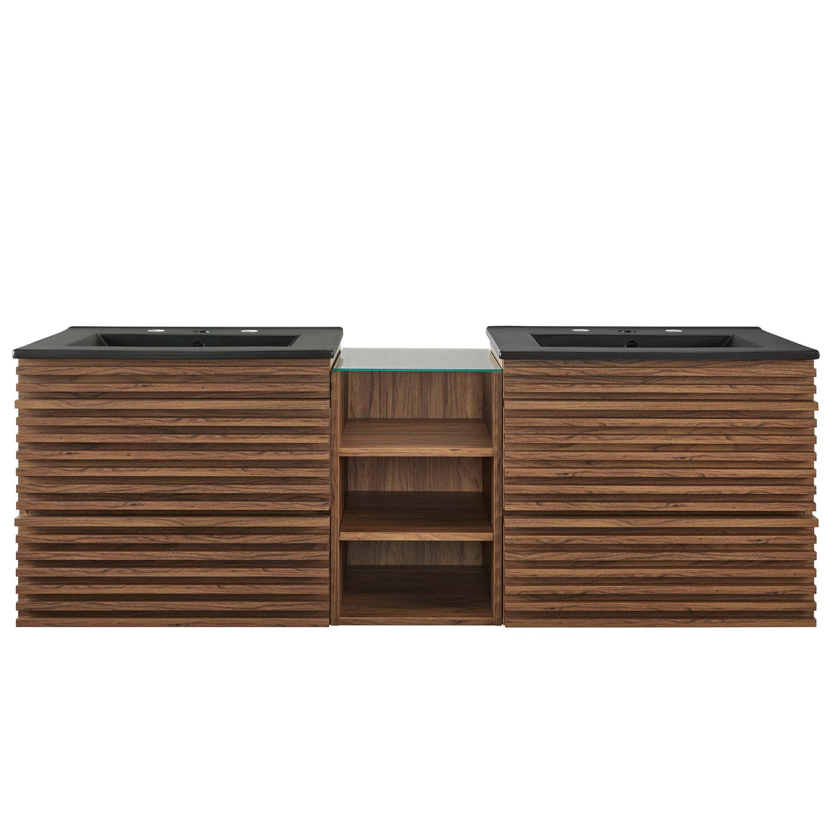 Render 62in wall-mount double sink bathroom vanity with dark wood slatted cabinetry and black countertops on Tampa Home & Garden Store