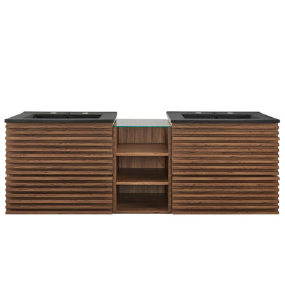 Render 62in wall-mount double sink bathroom vanity with dark wood slatted cabinetry and black countertops on Tampa Home & Garden Store