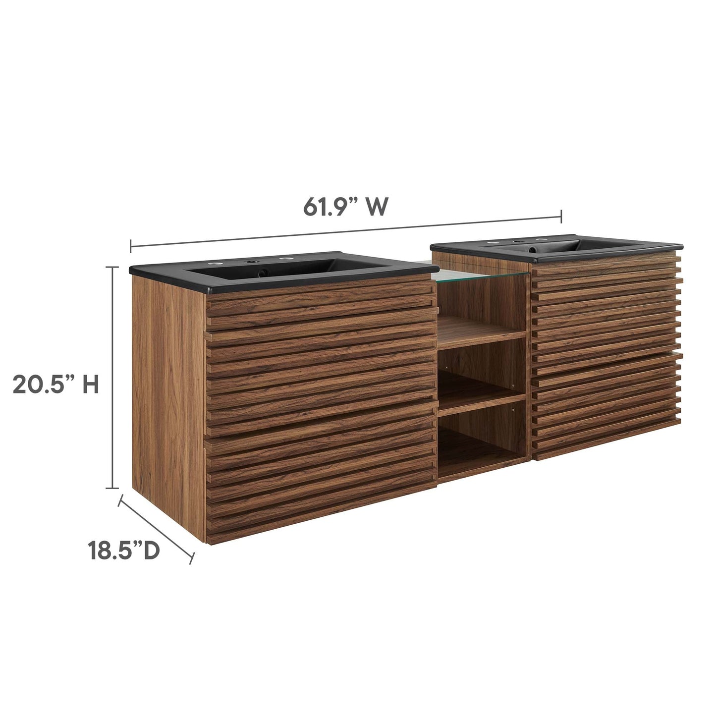 Render 62in wall-mount double sink vanity pair with woodgrain finish and black countertops on Tampa Home & Garden Store