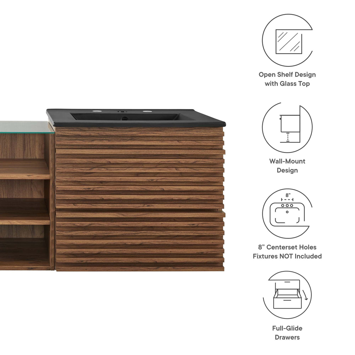 Render 62in wall-mount double-sink bathroom vanity in wood with black countertop by Modway on Tampa Home & Garden Store