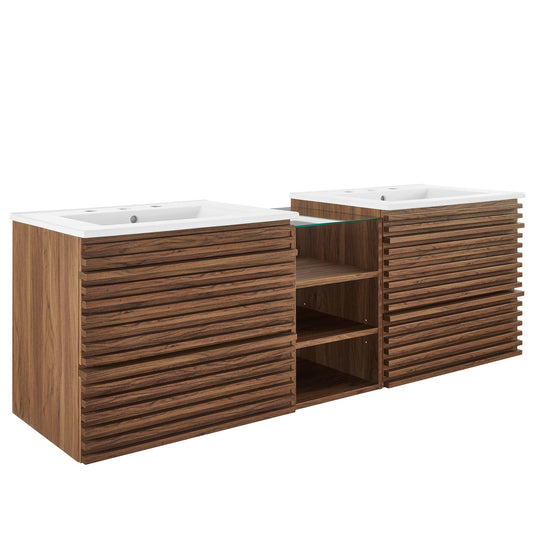 Render 62 inch wall-mount dual sink bathroom vanity with wood slat cabinet and white countertop on Tampa Home & Garden Store