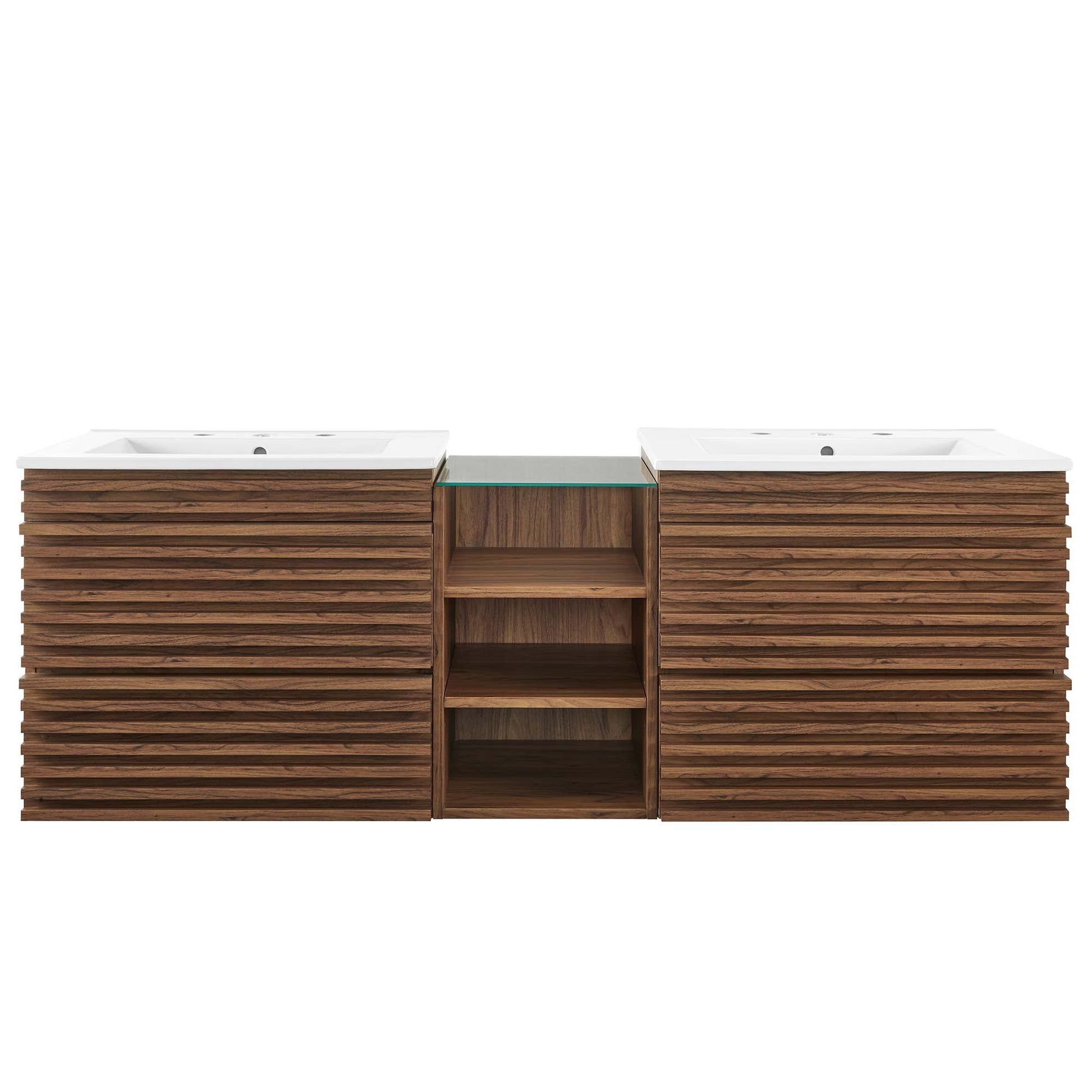 Render 62in wall-mount double sink vanity by HouseOfZazla with slatted wood cabinet on Tampa Home & Garden Store