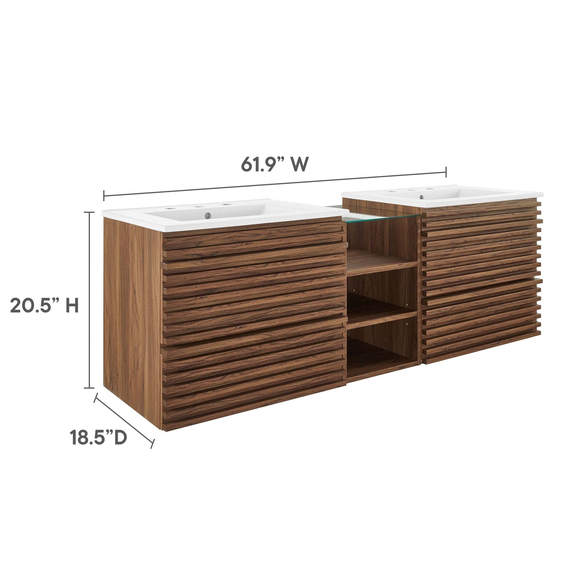Render 62in wall-mount double sink bathroom vanity pair with white countertops and wood slat bases on Tampa Home & Garden Store