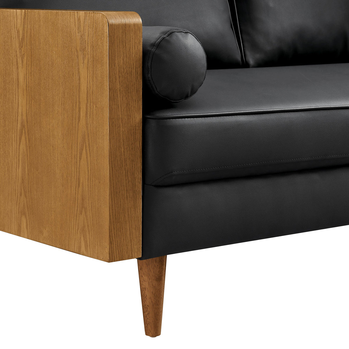 Kellan Vegan Leather Sofa by Modway with wood armrest and black vegan leather upholstery on Tampa Home & Garden Store