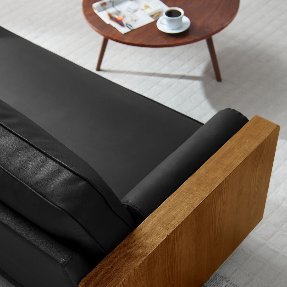 Kellan Vegan Leather Sofa by Modway, black vegan leather upholstery and solid wood arms on Tampa Home & Garden Store
