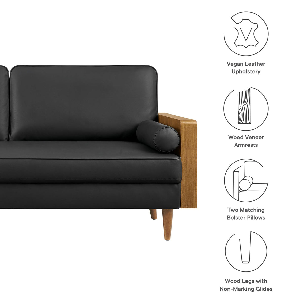 Kellan vegan leather sofa by Modway in black with wood veneer armrests and tapered wood legs on Tampa Home & Garden Store