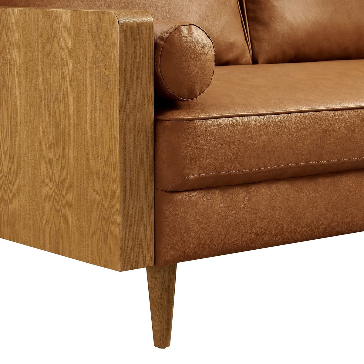 Kellan Vegan Leather Sofa with brown vegan leather upholstery and wooden armrest on Tampa Home & Garden Store